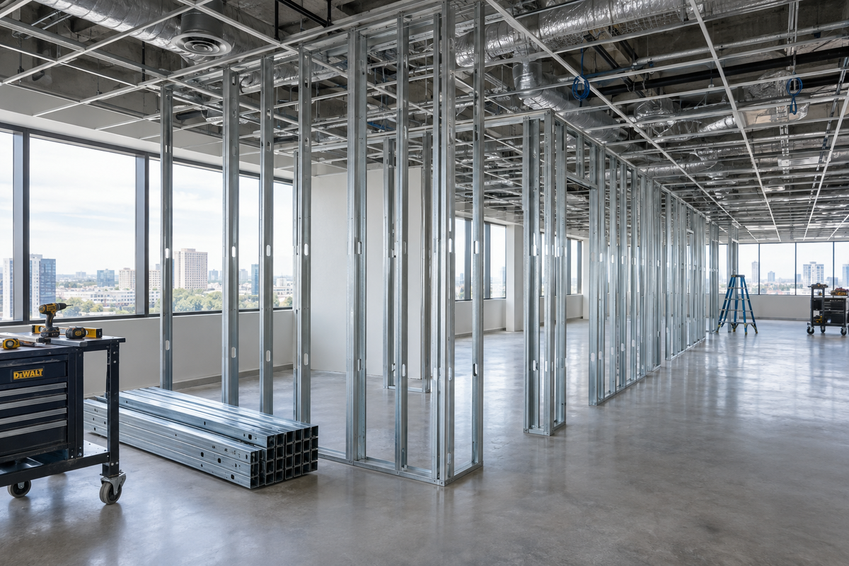 Metal stud framing in an office build-out